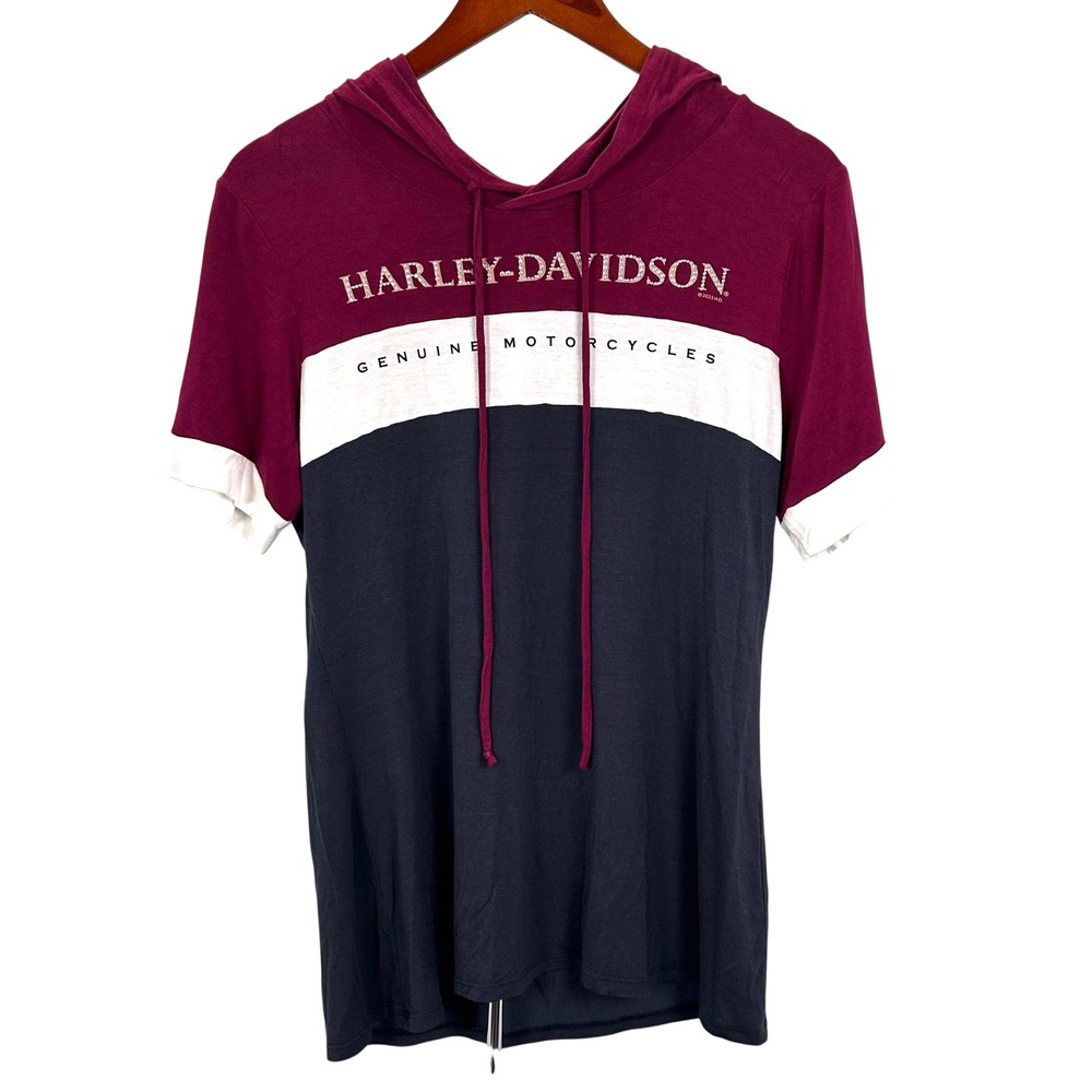 Harley Davidson Short Sleeve Biker Hoodie Tee Gray Maroon Rhinestone Logo Size L